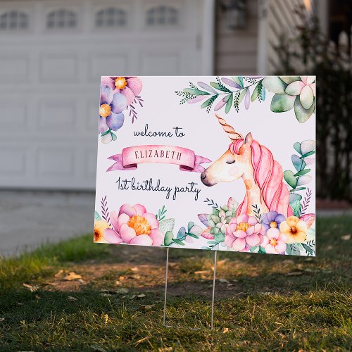 Watercolor Flower Unicorn Girl Birthday Welcome Foam Board