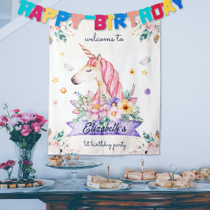 Watercolor Flower Unicorn Girl Birthday Welcome Tapestry
