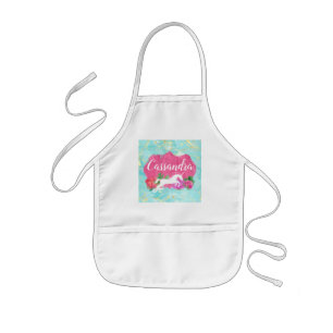 Watercolor Flower Unicorn Pink Blue Girls Name Kids' Apron