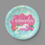 Watercolor Flower Unicorn Pink Blue Girls Name Paper Plates