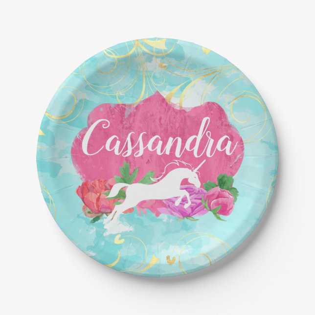 Watercolor Flower Unicorn Pink Blue Girls Name Paper Plates (Front)