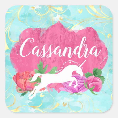 Watercolor Flower Unicorn Pink Blue Girls Name Square Sticker