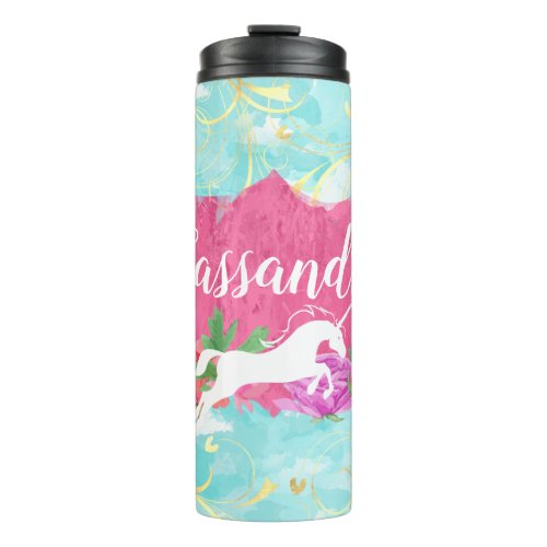 Watercolor Flower Unicorn Pink Blue Girls Name Thermal Tumbler