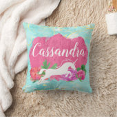 Watercolor Flower Unicorn Pink Blue Girls Name Throw Pillow (Blanket)