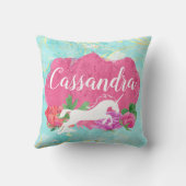 Watercolor Flower Unicorn Pink Blue Girls Name Throw Pillow (Back)