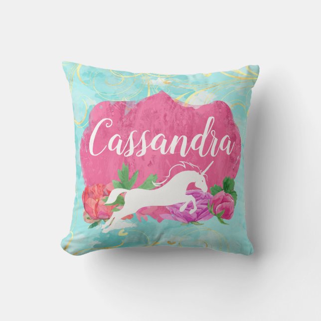 Watercolor Flower Unicorn Pink Blue Girls Name Throw Pillow (Front)