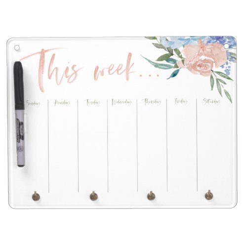 Watercolor flower weekly calendar dry erase board with keychain holder