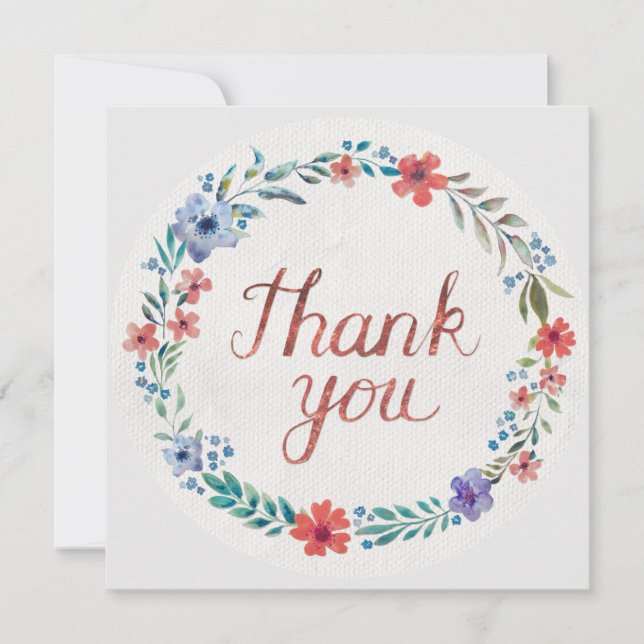 Watercolor Flower Wreath Copper Red Thank You Card (Front)