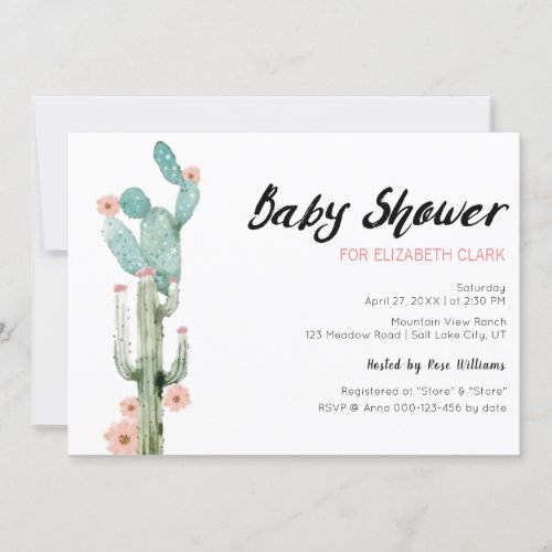 Watercolor Flowering Cactus Baby Shower Invitation