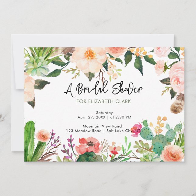 Watercolor Flowering Cactus Bridal Shower Invitation (Front)