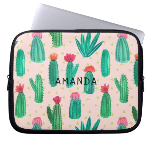 Watercolor Flowering Cactus Pattern Personalized Laptop Sleeve