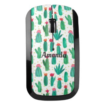 Watercolor Flowering Cactus Pattern Personalized Wireless Mouse by riverme at Zazzle