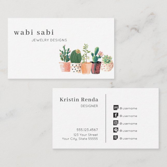 Watercolor Flowering Cactus Pots Social Media Business Card (Front/Back)