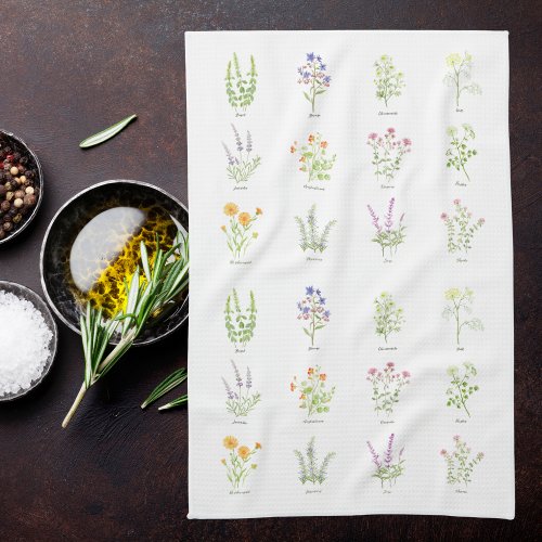 Watercolor Flowering Herbs Kitchen Towel