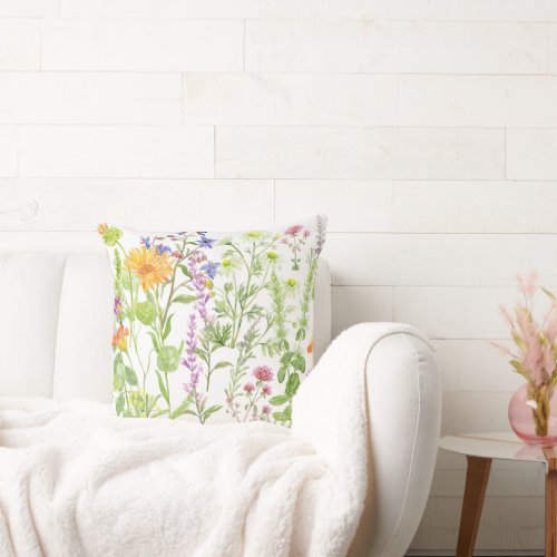 Watercolor Flowering Herbs Throw Pillow