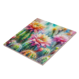 Watercolor Flowering Succulent Cacti Ceramic Tile