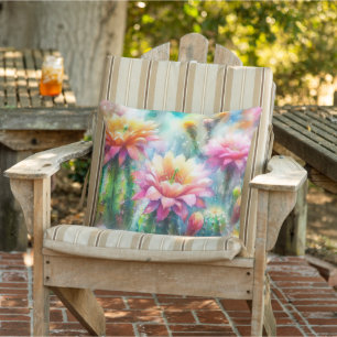 Watercolor Flowering Succulent Cacti Outdoor Pillow