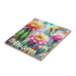 Watercolor Flowering Succulent Cacti Personalized Ceramic Tile