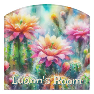 Watercolor Flowering Succulent Cacti Personalized Door Sign