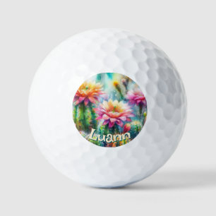 Watercolor Flowering Succulent Cacti Personalized Golf Balls