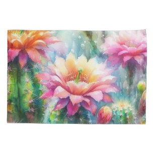Watercolor Flowering Succulent Cacti Pillow Case