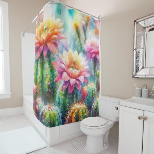 Watercolor Flowering Succulent Cacti Shower Curtain