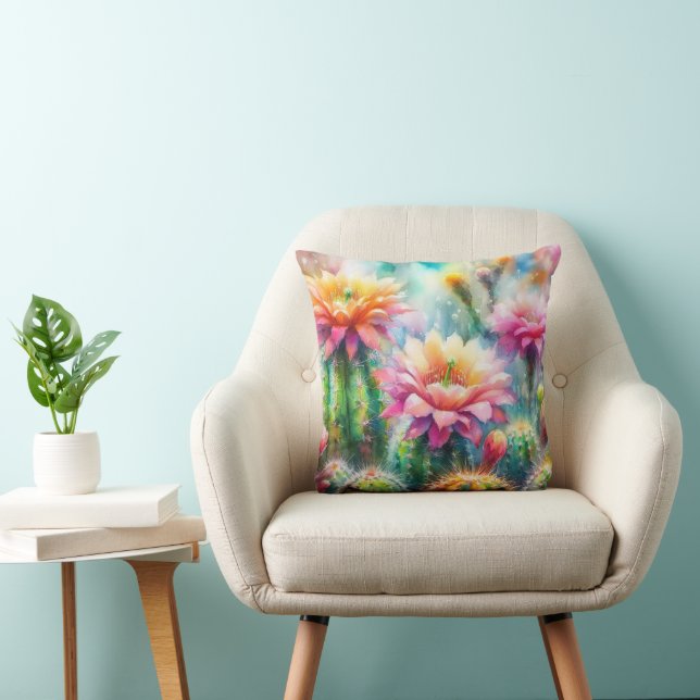 Watercolor Flowering Succulent Cacti Throw Pillow (Chair)