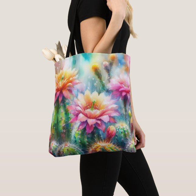 Watercolor Flowering Succulent Cacti Tote Bag (Close Up)