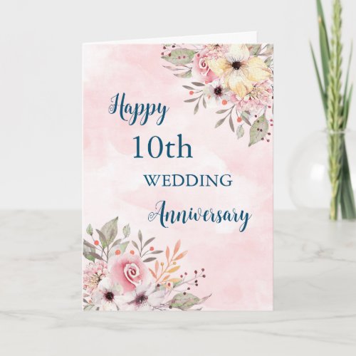Watercolor Flowers 10th Wedding Anniversary Card