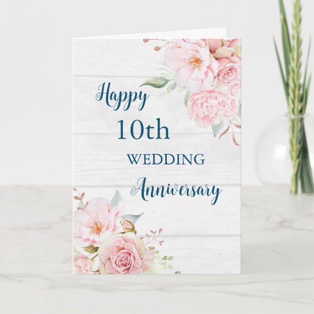 Watercolor Flowers 10th Wedding Anniversary Card (Front)