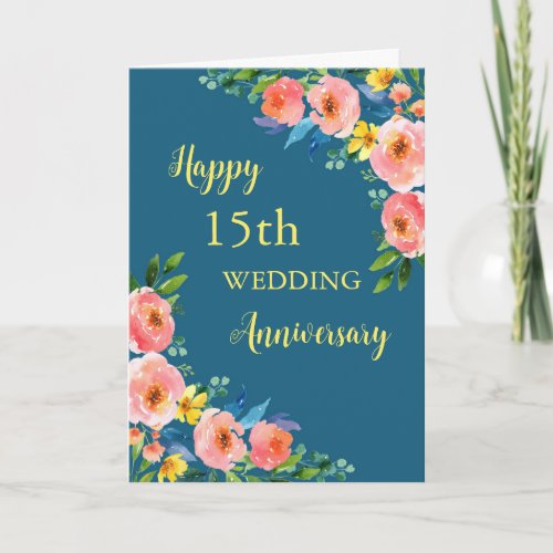 Watercolor Flowers 15th Wedding Anniversary Card