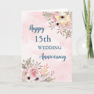Watercolor Flowers 15th Wedding Anniversary Card