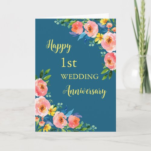 Watercolor Flowers 1st Wedding Anniversary Card