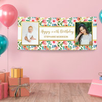 Watercolor Flowers, 2 Photo Custom Text Birthday B