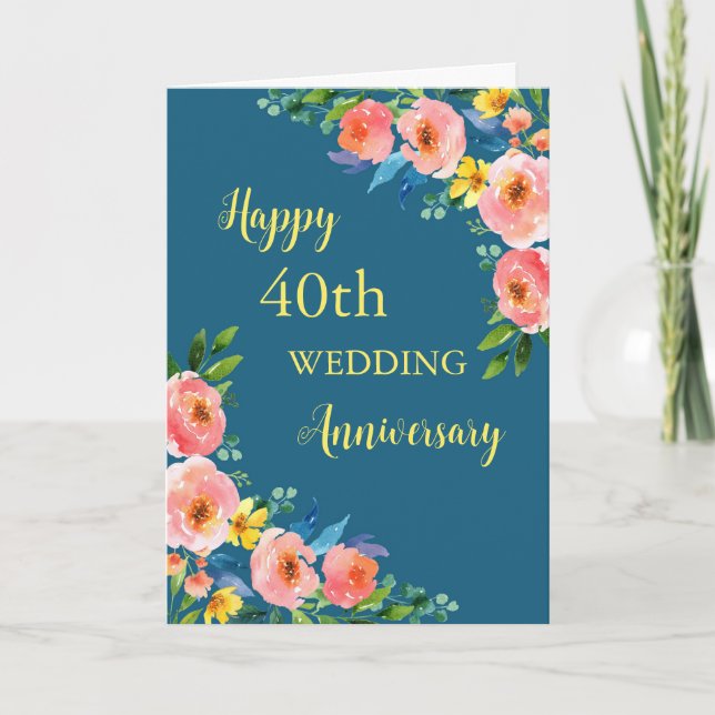 Watercolor Flowers 40th Wedding Anniversary Card (Front)