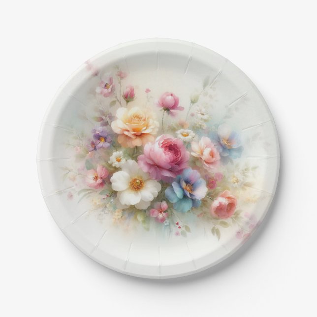 Watercolor Flowers Add Your Text Blank Round Paper Plates (Front)