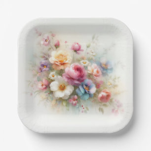 Watercolor Flowers Add Your Text Elegant Blank Paper Plates