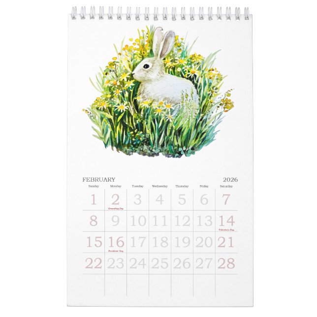 Watercolor flowers and animals Calendar (Feb 2026)