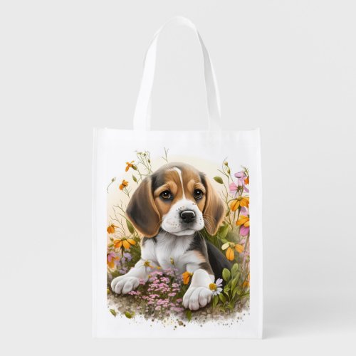 Watercolor Flowers and Beagle Puppy Grocery Bag