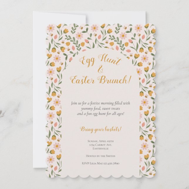Watercolor Flowers and Bees Easter Brunch Egg Hunt Invitation (Front)