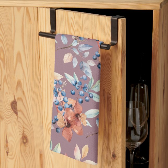 Watercolor Flowers and Berries on Mauve Kitchen Towel (Thirds Fold)