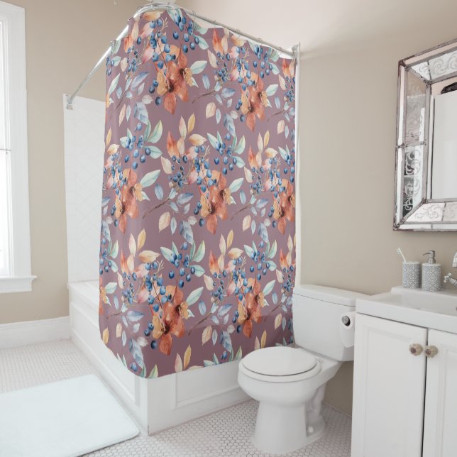 Watercolor Flowers and Berries on Mauve Shower Curtain (In Situ)