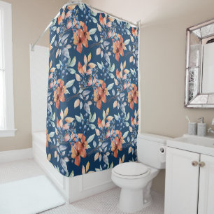 Watercolor Flowers and Berries on Navy Blue Shower Curtain