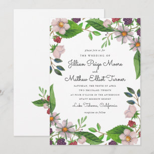 Watercolor Flowers and Berries Wedding Invitation