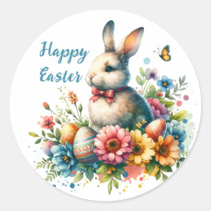 Watercolor Flowers and Bunny Easter Classic Round Sticker