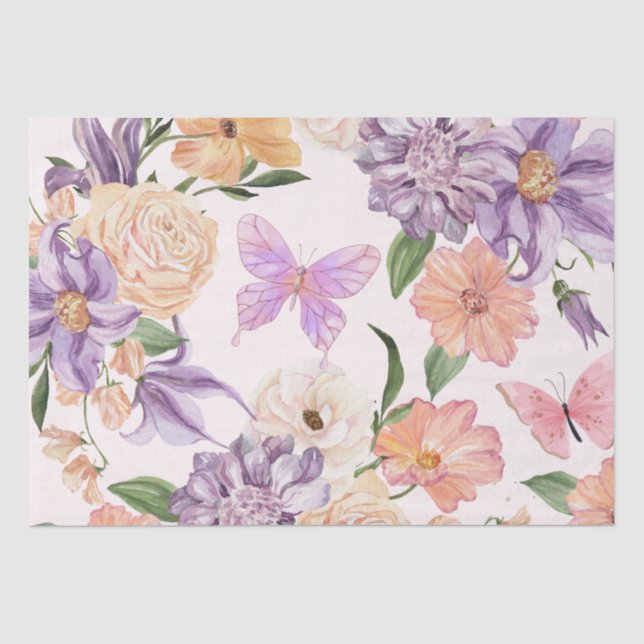 Watercolor flowers and Butterflies decoupage Tissue Paper (Front)