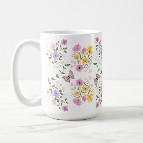 Watercolor Flowers and Butterflies in Pastel Coffee Mug