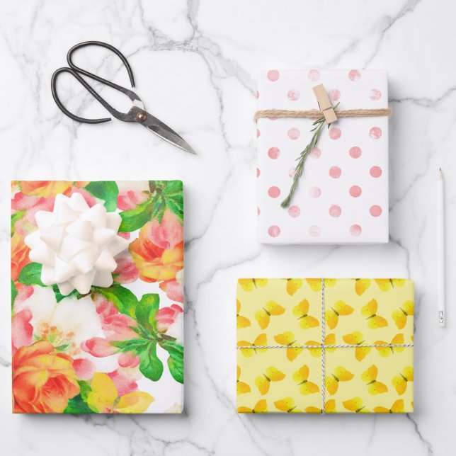 Watercolor Flowers and Butterflies Wrapping Paper Sheets (Front)
