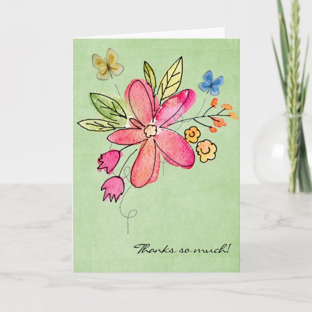 watercolor flowers and butterfly thank you card (Front)
