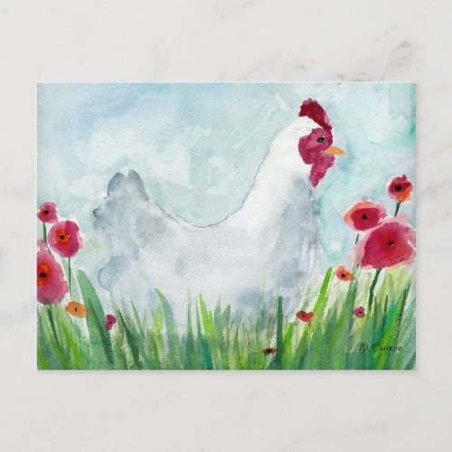 Watercolor Flowers and Chicken Postcard